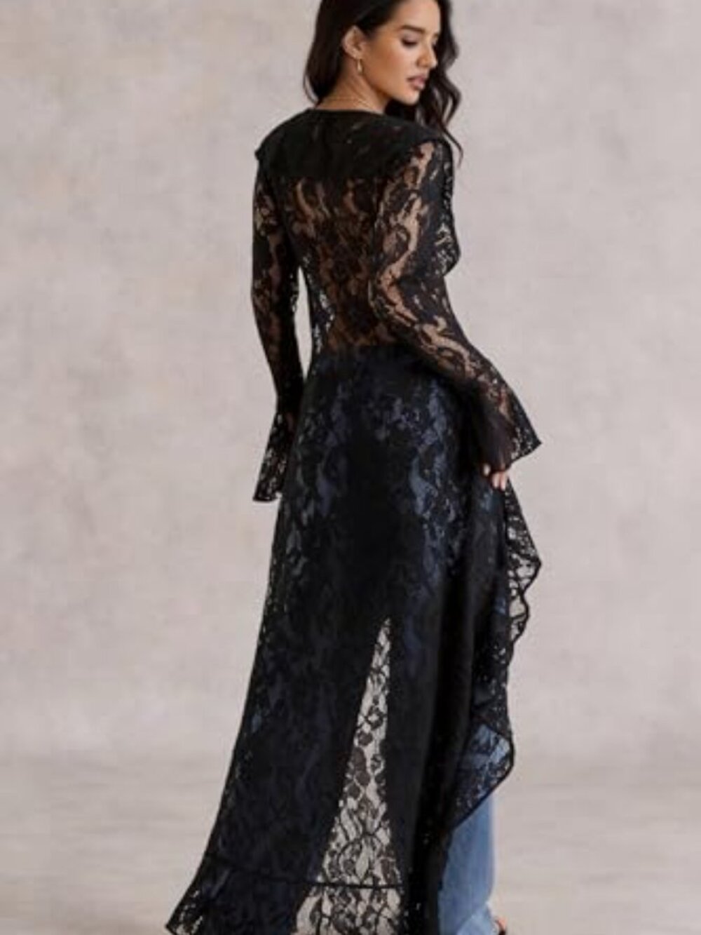 Lace Cardigan Women Maxi Lightweight Open Front Tie Bell Long Sleeve Ruffled - Picture 5 of 7